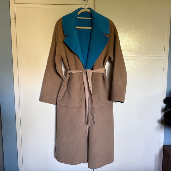 Essentiel Antwerp Reversible Camel Turquoise Wool Blend Wrap Coat Size 36 US 4 - Picture 7 of 16